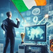 Man cheering on new skills development under an Irish flag.