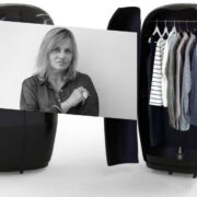 Woman inset on image of solar hybrid clothes dryer.