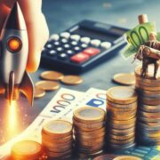 stacks of coins on paper money beside a rocket lifting off.