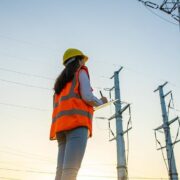 Woman standing in front of electricity pylons.