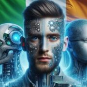 People and robots in front of an Irish flag.