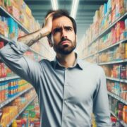 Consumer overwhelmed by brand choices in a supermarket.