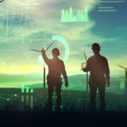 Workers surrounded by wind turbines and data.