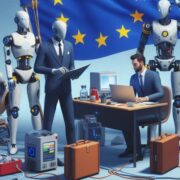 Robots and business executives working together under an EU flag.