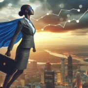 Businesswoman flying through the marketing world with the help of GenAI.