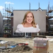 Woman in white dress inset on a house being built in Ireland.