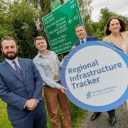 Three men and a woman hold a sign beside N17 motorway.