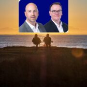 Two men inset on an image of a retired couple sitting by the sea.