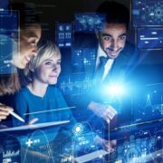 Digital team in a bank working together.
