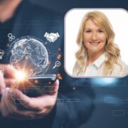 woman inset on image of digital business in action.