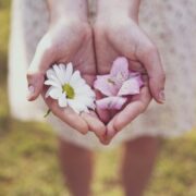 Woman holding flowers in the palms of her hands.