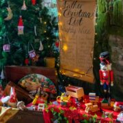 toys and presents around a Christmas tree.