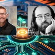 Two men inset on image of a circuit board.