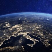 Satellite image of Europe with lights on.