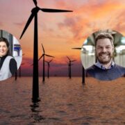 Woman and man inset on image of offshore wind farm.