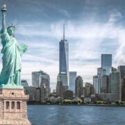 Statue of Liberty in front of Manhattan, New York City.