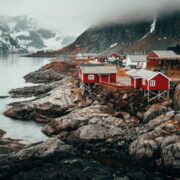 Red houses on a Scandinavian fjord.