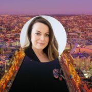 Woman inset on image of Dublin.