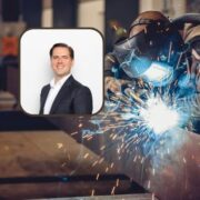 Man inset on image of welder in factory.