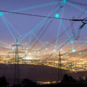 Electricity pylons at night.
