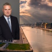 Man in suit image inset on photo of Dublin Liffey.