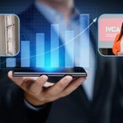 Images of man and woman inset on image of bar charts.