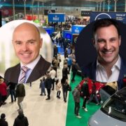 Two men inset on an image of the Nevo Electric Car Show in Dublin.