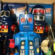 Mechanical robots in different colours.