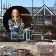 Woman inset on an image of a house under construction.