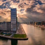 Sun shining on docklands area of Dublin.