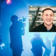 Smiling man inset on image of a cameraman at work.