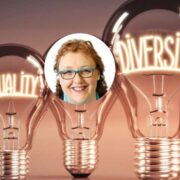 Red-haired woman inset on image of lightbulbs with the words equality and diversity in the filament.