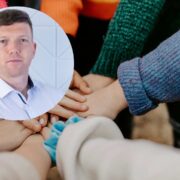 Man inset on image of a lot of people holding hands.