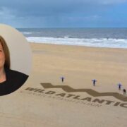 Woman inset on image of a beach in the west of Ireland.