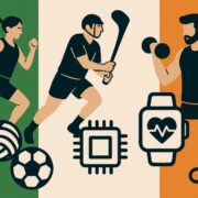 Graphic image showing people enjoying sports with the support of technology.