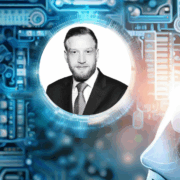 Man inset on image of AI bot.