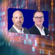 Two men inset on image of payroll transactions.