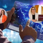 Two women inset on image of a person looking at data on a tablet device.