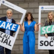 Woman in blue dress beside people pretending to be social media scams.