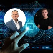 Two men inset on an image of a person getting to grips with technology like AI.