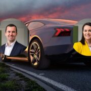 Man and woman inset on image of an Audi electric vehicle.