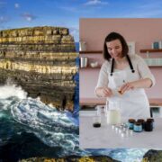 Woman inset on image of rugged Mayo coastline.