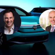 Two men inset on images of Nissan Leave electric vehicles.