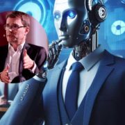 Man inset on image of an AI agent in an office.