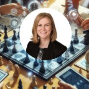 Woman inset in image of business strategists around a chess board.