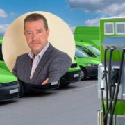 Man inset on image of a green commercial fleet and an electric charger station.