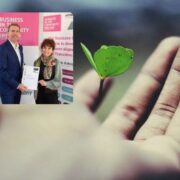 Man and woman inset on image of a hand holding a leaf.