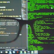 Computer screens through a set of glasses.