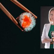 Woman holding sushi package inset on image of chopsticks holding a piece of sushi.