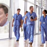 Man inset on image of doctors walking through a hospital.